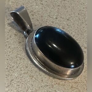 Vintage Mexico 925 Sterling Silver & Black Onyx Oval Pendant Modernist MCM 1.25"